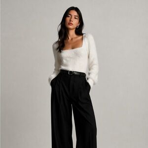 H&M - Ultra Soft Fluffy White Sweater | Square Neck Puff Sleeve Minimal Chic